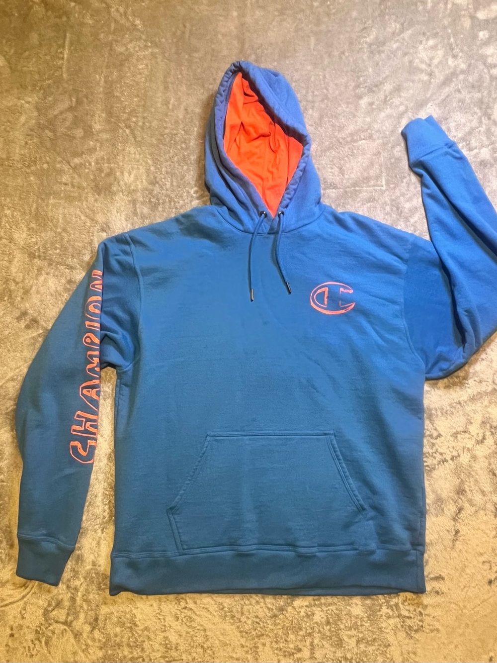 Champion Blue Hoodie with Orange Lining and Logo